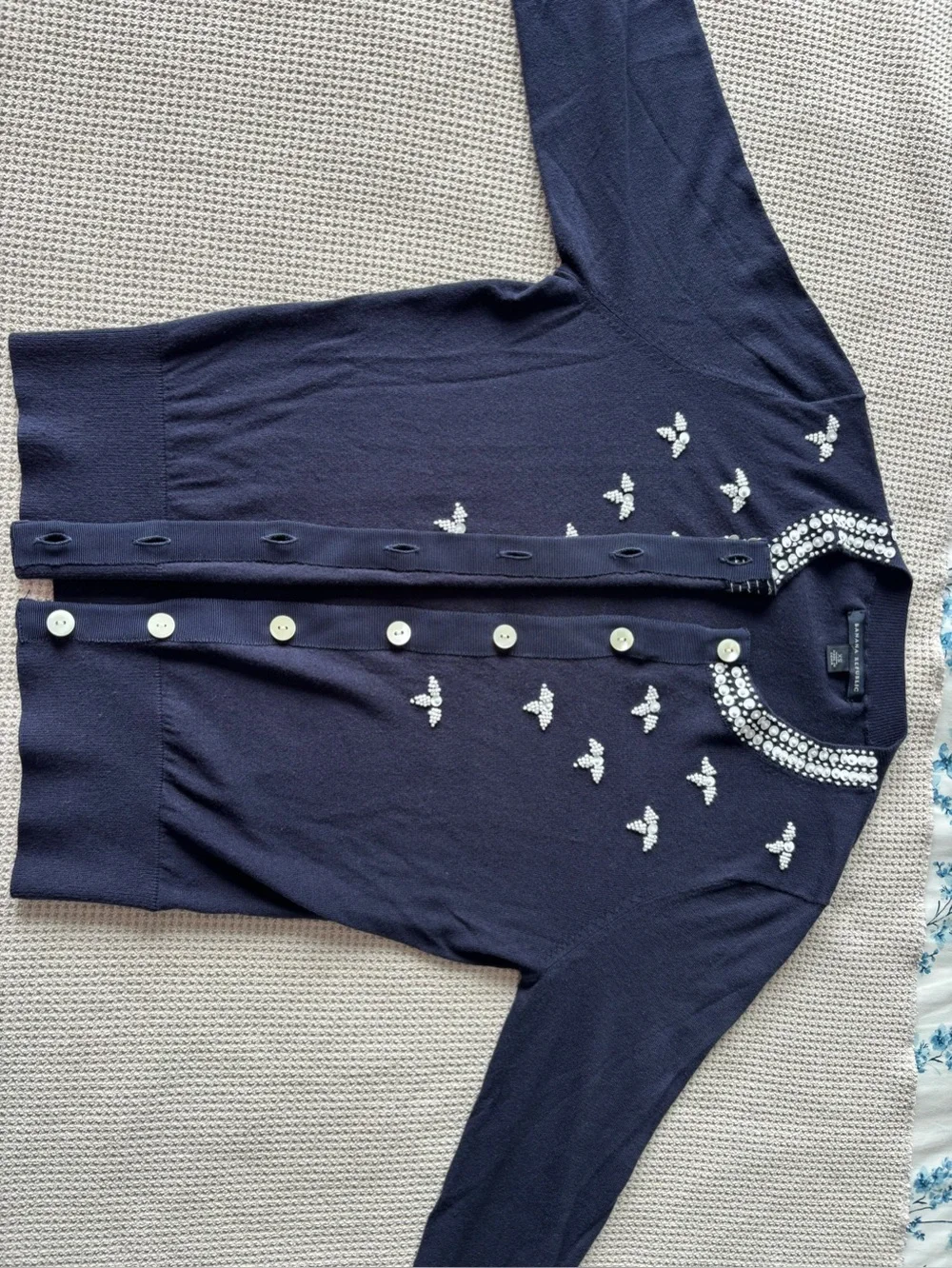 Banana Republic Navy Blue Embellished Jewel Neck Cotton Cardigan Sweater XS